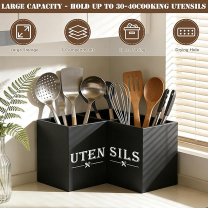 Large kitchen Utensil Holder, Wooden Utensil Organizer for Kitchen Countertop, Spatula and Spoon Cooking Holder with 3 Compartments, Black - Image 3