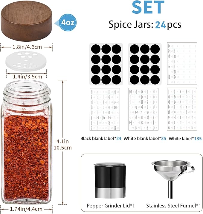 Yangbaga 24Pcs Glass Spice Jars with Labels-4oz Acacia Wood Lid Square Spice Containers and 2pcs Rack with Pepper Grinder Lids &Funnel,Seasoning Jars for Rack Cabinet Drawer - Image 2