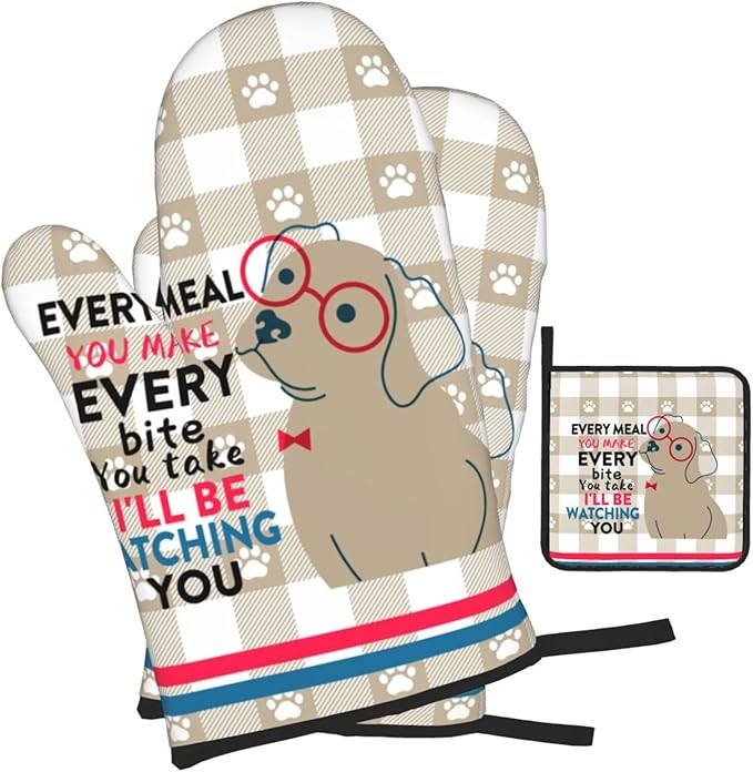 Funny Dog Oven Mitts and Pot Holders Sets of 3 Heat Resistant Hot Pads Cute Oven Gloves for Cooking Grilling Baking Kitchen Decor, Kitchen Gifts for Cooks Baker Cooking Lover Women - Image 2