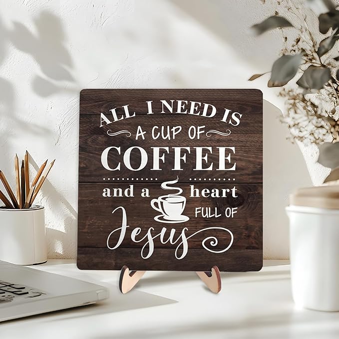 Coffee Bar Sign Plaque Decor-A Heart Full of Jesus,Cafe Bar Accessories,Christian Rustic Wooden Tabletop Plaque with Stand, Faith Scripture Mini Counter Sign for Kitchen Coffee Station Office 5.9x5.9 - Image 3