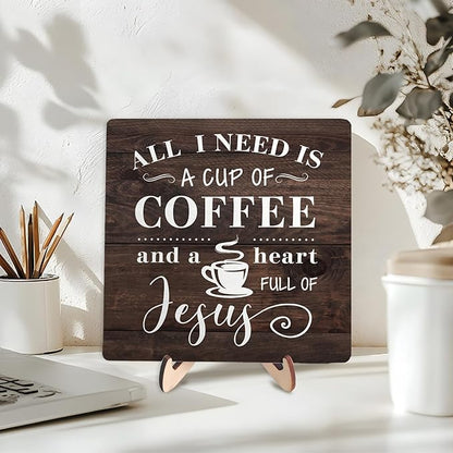 Coffee Bar Sign Plaque Decor-A Heart Full of Jesus,Cafe Bar Accessories,Christian Rustic Wooden Tabletop Plaque with Stand, Faith Scripture Mini Counter Sign for Kitchen Coffee Station Office 5.9x5.9 - Image 3