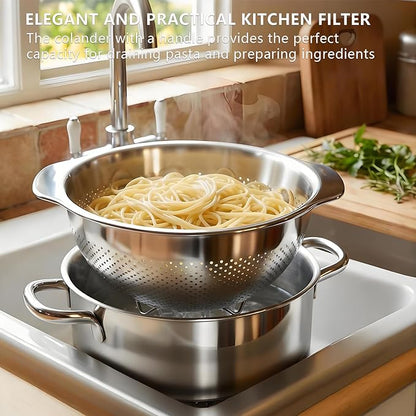 Pasta Strainer with Handle - 18/8 Stainless Steel Strainers Fine Mesh for Kitchen - Metal Colander for Spaghetti, Fruit, Vegetables, Noodles and Eggs, Rice Washer, Dishwasher Safe (3QT)