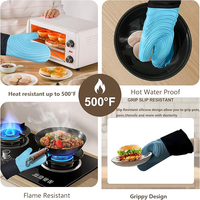 Silicone Oven Mitts-13.6 in Extended Oven Mitts Heat Resistant 500F, Oven Gloves with Soft Liner Good Grippy BPA-Free Easy to Clean Flexible-Oven Mits Set for Cooking Baking Grilling BBQ - Image 4
