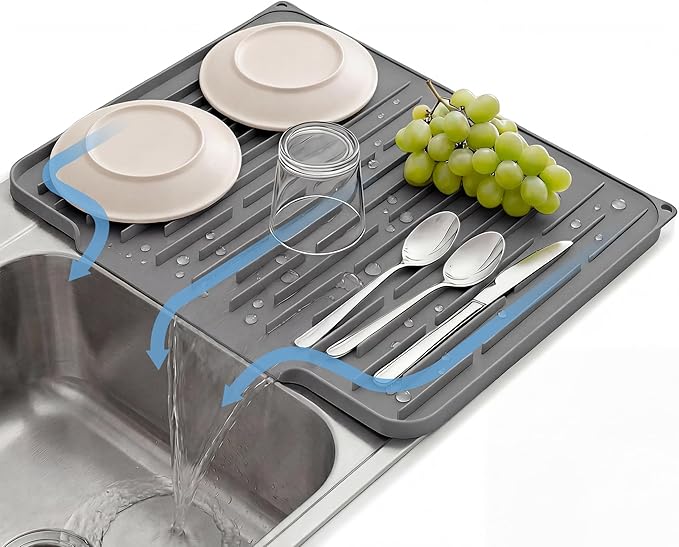 Foldable Silicone Dish Drying Mat for Kitchen Counter & Sink - Quick Dry, Space Saving, Non-Slip Pad for Small Apartments & Coffee Bar Dark Grey