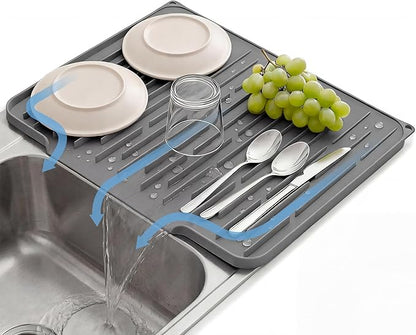 Foldable Silicone Dish Drying Mat for Kitchen Counter & Sink - Quick Dry, Space Saving, Non-Slip Pad for Small Apartments & Coffee Bar Dark Grey