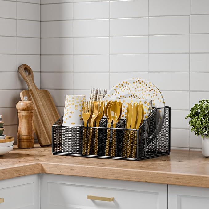 Metal Paper Plate Holder Dispenser, Disposable Paper Plate Utensils Holder for Party, Napkin Cups-Silverware Cutlery Holders Caddy for Kitchen Counter, Black