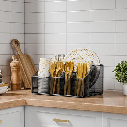 Metal Paper Plate Holder Dispenser, Disposable Paper Plate Utensils Holder for Party, Napkin Cups-Silverware Cutlery Holders Caddy for Kitchen Counter, Black