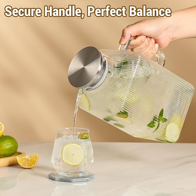 1 Gallon thickened Square Glass Pitcher with Lid, Classic Stripes Water Pitchers for Fridge, Borosilicate Glass Carafe for Hot/Cold Brew Drink, Extra Large Jug with Handle for Iced Tea, Coffee, Juice - Image 5