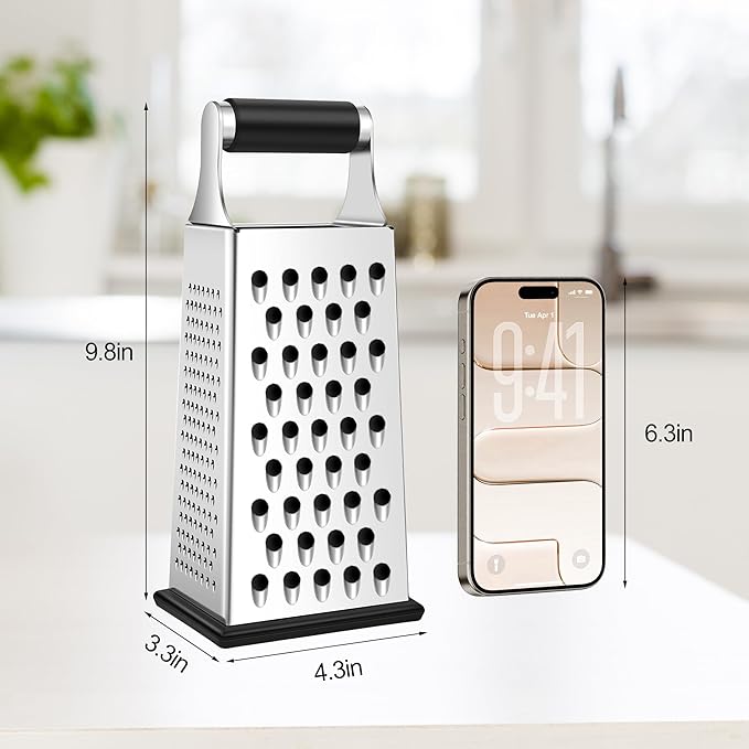 Supercenter Cheese Grater, Size 4-Sided Stainless Steel Box Grater, Food Shredder for Cheese, Parmesan, Vegetable, Dishwasher Safe, Black - Image 2