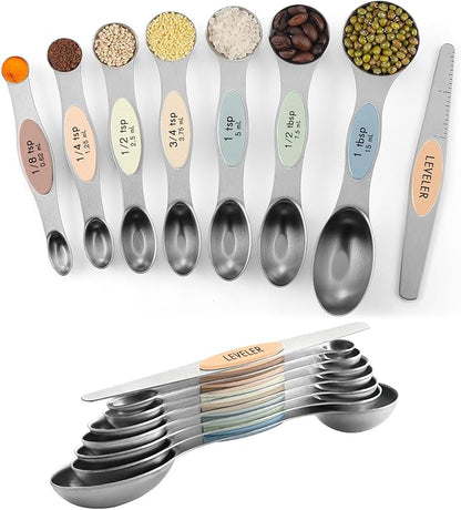 ChefAide Pack of 8 Stainless Steel Magnetic Measuring Spoons Set, Dual Sided, Stackable, Adjustable Teaspoon and Tablespoon Measure Spoon with Leveler, Kitchen Gadgets by ChefAide