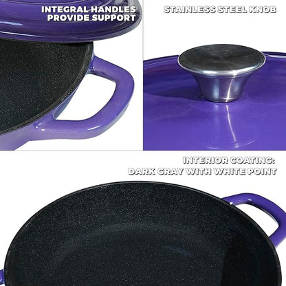 Flavehc Braiser Enameled Cast Iron Braiser 2.25 qt Braiser Pan with Lid Purple Shallow Cast Iron Casserole Braiser Pan with Handels