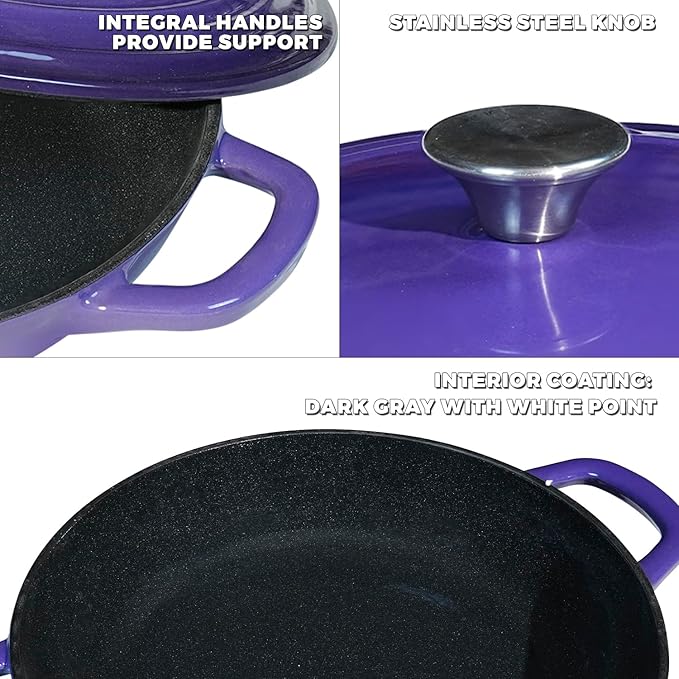 Flavehc Braiser Enameled Cast Iron Braiser 3 qt Braiser Pan with Lid Purple Shallow Cast Iron Casserole Braiser Pan with Handels