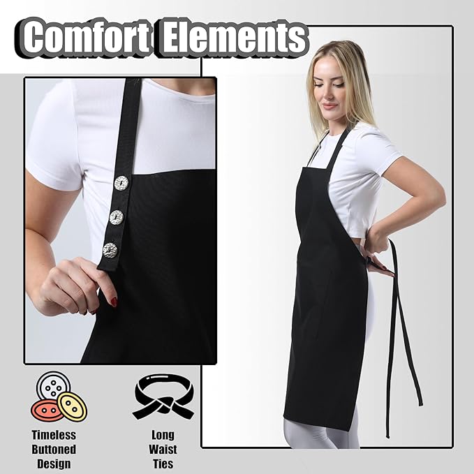 TOSHE Kitchen Apron Waterdrop Resistant Cotton Apron with adjustable Aprons for Women with Pockets 10 Color option Cooking Black Apron (Black) - Image 6