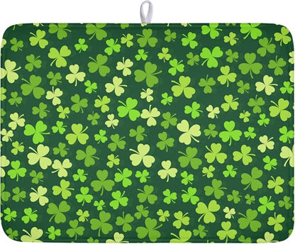 St. Patrick's Day Dish Drying Mat for Kitchen Counter,Irish Green Shamrocks Clover Leaves Drying Mat 18 x 24 Inch with Absorbent Reversible Microfiber Dish Drying Pad for Coffee Bar by Anyako