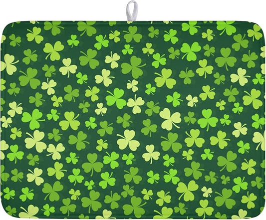 St. Patrick's Day Dish Drying Mat for Kitchen Counter,Irish Green Shamrocks Clover Leaves Drying Mat 18 x 24 Inch with Absorbent Reversible Microfiber Dish Drying Pad for Coffee Bar by Anyako