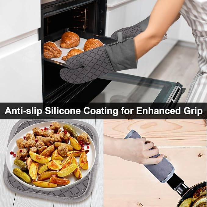 Oven Mitts and Pot Holders 8pcs Set, Cotton Oven Glove with Non-Slip Silicone Surface, Machine Washable Pot Holders, Extra Long Oven mits, Heat Resistant 500 °F, for Cooking, Grilling, Baking - Image 5