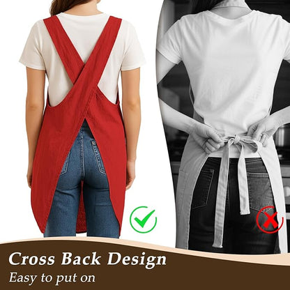 Apron for Women with Pocket Cotton Linen, Japanese Cross Back Apron for Gardening Painting