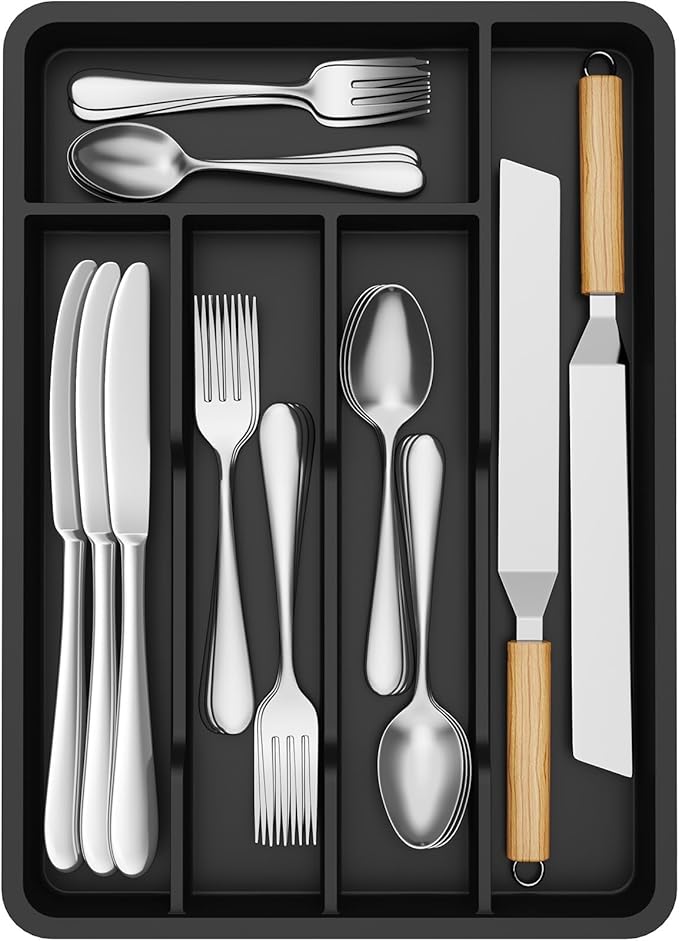 Lifewit Silverware Drawer Organizer Tray, Plastic Cutlery Storage for Kitchen, Flatware and Utensil Holder Divider for Spoons Forks Knives Tableware, 9.5 x 13.4", 5 Slots, Black by Lifewit