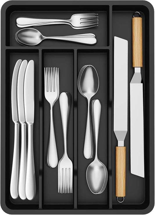 Lifewit Silverware Drawer Organizer Tray, Plastic Cutlery Storage for Kitchen, Flatware and Utensil Holder Divider for Spoons Forks Knives Tableware, 9.5 x 13.4", 5 Slots, Black by Lifewit