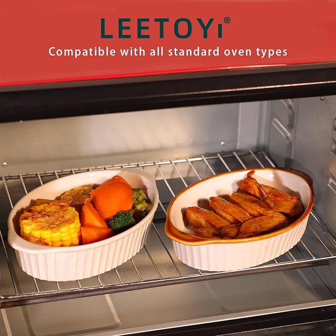 LEETOYI Porcelain Small Oval Au Gratin Pans, Baking Dish Set for 1 or 2 person servings, Bakeware with Double Handle for Kitchen and Home, Set of 2 (White/Brown) - Image 7