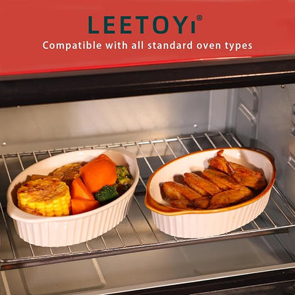 LEETOYI Porcelain Small Oval Au Gratin Pans, Baking Dish Set for 1 or 2 person servings, Bakeware with Double Handle for Kitchen and Home, Set of 2 (White/Brown) - Image 7
