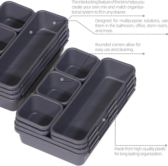 TENABORT 42 Pack Interlocking Desk Drawer Organizer Tray Dividers Plastic Shallow Narrow Drawers Organizers Separators Storage Bins Container for Kitchen Bathroom Makeup Office Vanity Dresser - Image 3