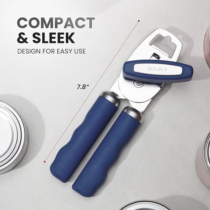 Zulay Kitchen Heavy Duty Stainless Steel Can Opener Manual with Bottle Opener - Rust Proof Manual Can Opener With Turn Knob & Comfy Soft Grip Handles - Blue - Image 2
