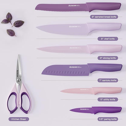 Astercook Knife Set, 13 Pieces Kitchen Knives Set with Healthy Anti-Rust Coating, Dishwasher Safe, Stainless Steel Chef Knife Sets with 6 Blade Guards, Perfect Mothers Day Gifts for Kitchen Purple - Image 6