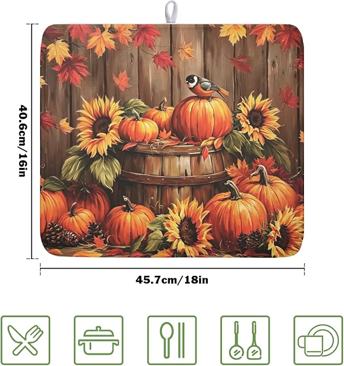 Fall Pumpkin Dish Drying Mat for Kitchen Counter Thanksgiving Autumn Harvest Pumpkin Microfiber Dish Drainer Mat Rustic Farmhouse Absorbent Washable Drying Pad 16"x18"