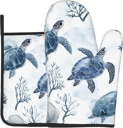 Nautical Oven Mitts for Women - 2 PCS Coastal Oven Gloves Summer Kitchen Mitts Beach Seashell Potholders for Baking and Cooking by DZGlobal