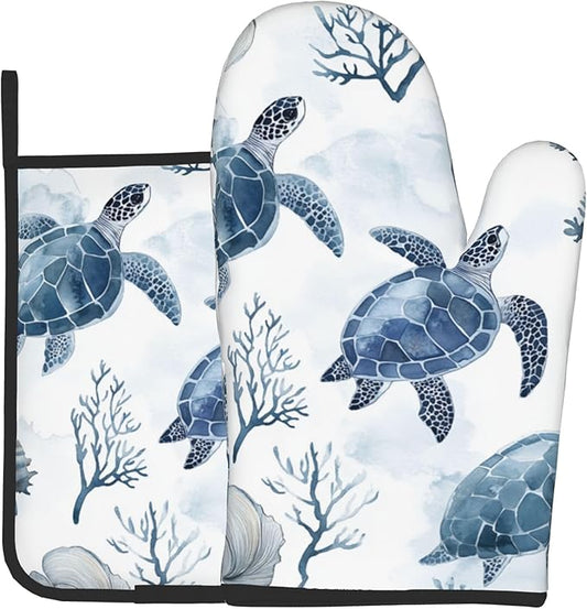 Nautical Oven Mitts for Women - 2 PCS Coastal Oven Gloves Summer Kitchen Mitts Beach Seashell Potholders for Baking and Cooking by DZGlobal