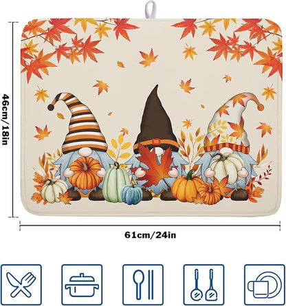 Fall Gnome Dish Drying Mat for Kitchen Counter Autumn Pumpkin Maple Leaves Dishes Pad Absorbent Fast Dry Dish Drainer Rack Mats 18x24 Inch Thanksgiving Day Drying Mats for Counter Accessories