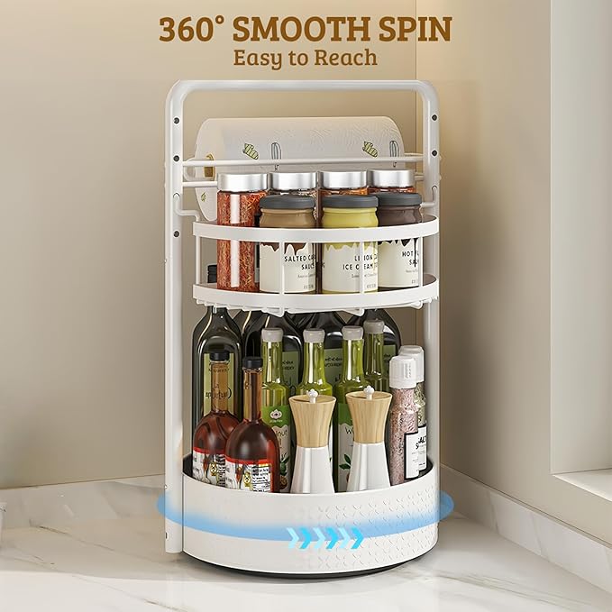 Rotating Spice Rack with Paper Towel Holder, 2 Tier Turntable Lazy Susan, Seasoning Organizer for Kitchen Countertop Cabinet, White - Image 4