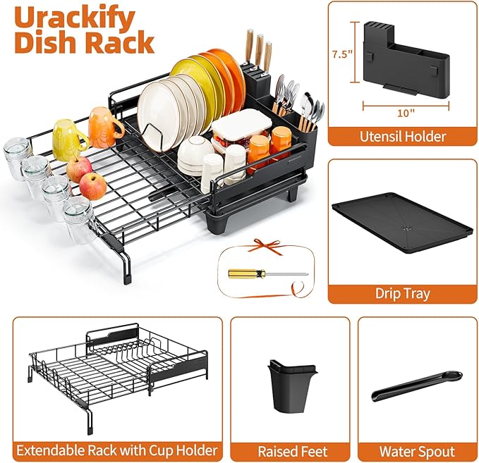 Urackify Dish Drying Rack - Extendable Dish Drainer, Large Dish Rack for Kitchen Counter, Rustproof Dish Strainer with Utensil Holder and Cups Holder, 1 Tier Black - Image 7