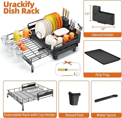 Urackify Dish Drying Rack - Extendable Dish Drainer, Large Dish Rack for Kitchen Counter, Rustproof Dish Strainer with Utensil Holder and Cups Holder, 1 Tier Black - Image 7