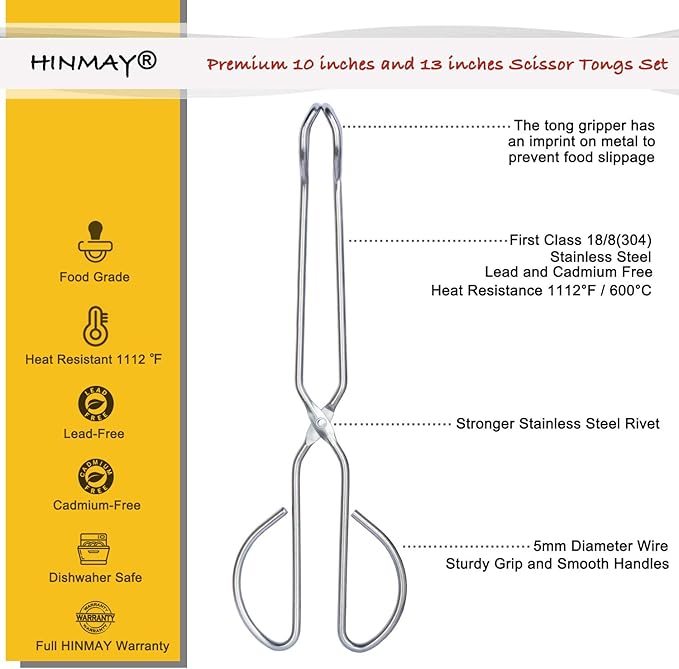 HINMAY Stainless Steel Kitchen Scissor Tongs Set, 2-Piece (10/13 Inch) for Cooking, Grilling, Serving, and Barbecue
