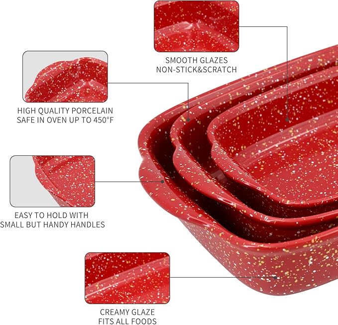 3-Pack Ceramic Lasagna Pan,Heavy-Duty Rectangular Baking Dishes, High Heat Resistant Oven-Safe Stoneware Casserole with Handles,Home Baking,Speckle Series(13.8''/12''/9.6'' Red) - Image 4