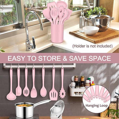 P&P CHEF Silicone Cooking Utensils Set of 7, Heat-proof Kitchen Utensils Set for Nonstick Cookware, Non-stick Spatula, Slotted Turner, Soup Ladle, Pasta Server, Spoon for Cooking Serving - Pink - Image 7