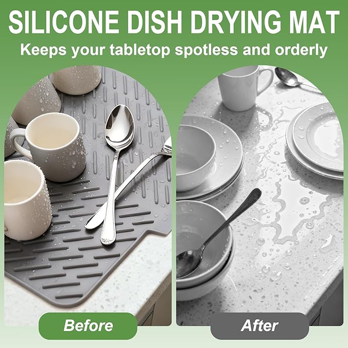 Silicone Drying Mat, 23"X17" With Built-in Drain Lip,Heat-Resistant,Eco-friendly,Hygienic Drying Pad,Leak-Proof and Non-Slip,Silicone Dish Drying Mat for Kitchen Counter or Sink（Gray 23X17） - Image 5