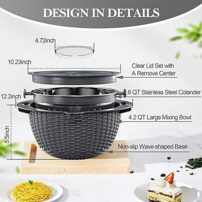 4-1 Colander with Lid Set - Rotatable Strainer With Bowl(Patented), Pasta Strainer with New Upgraded Graters, Strainer And Colanders, Fruit Cleaner, Veggie Wash, Apartment Kitchen Gadgets - Grey - Image 8