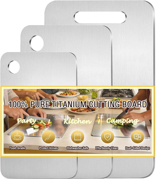 100% Pure Titanium Cutting Board Set of 3, Titanium Cutting Boards for Kitchen Dishwasher Safe, Food-Grade Metal Meat Chopping Board Mat for Cooking Tasks and Outdoor Charcuterie Party (S+M+L) by Unknown