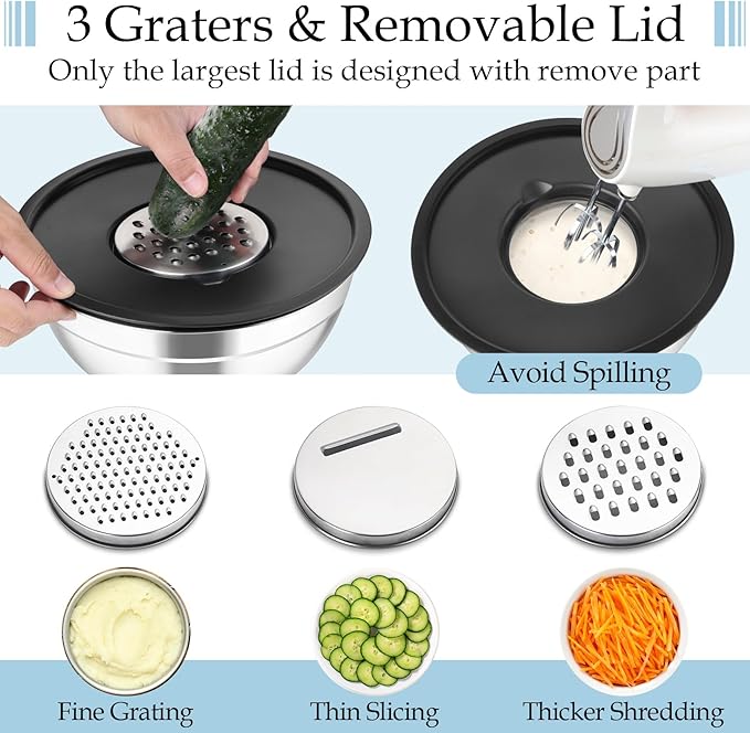 TeamFar Mixing Bowls, Stainless Steel Nesting Salad Bowls with Lids Set of 3 & 3 Grater Attachments, For Mixing/Serving/Storing, Non-toxic & Long-lasting, Size 4.6/3 / 1.5 QT, Black - Image 3
