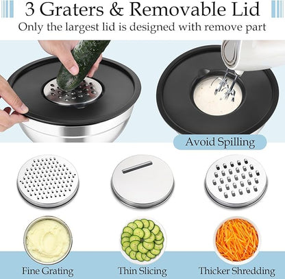 TeamFar Mixing Bowls, Stainless Steel Nesting Salad Bowls with Lids Set of 3 & 3 Grater Attachments, For Mixing/Serving/Storing, Non-toxic & Long-lasting, Size 4.6/3 / 1.5 QT, Black - Image 3