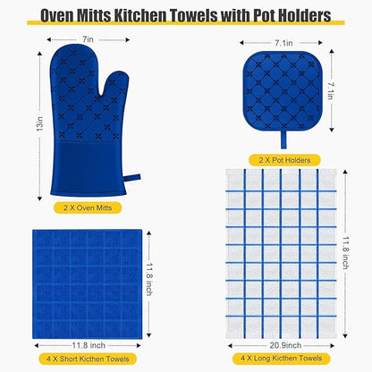 Oven Mitts Kitchen Towels Dishcloths with Pot Holders Sets, Dish Towels Sets, Oven Gloves Pot Pads Heat Resistant 500 Degrees with Non-Slip Silicone Surface for Cooking Baking Grilling-Royal Blue - Image 2