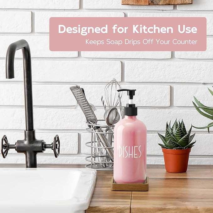 Pink Glass Dish Soap Dispenser with Acacia Wood Tray, 16 oz Refillable Kitchen Soap Pump Bottle, Decorative Countertop Soap Dispenser Set for Kitchen Bathroom Accessories - Image 2
