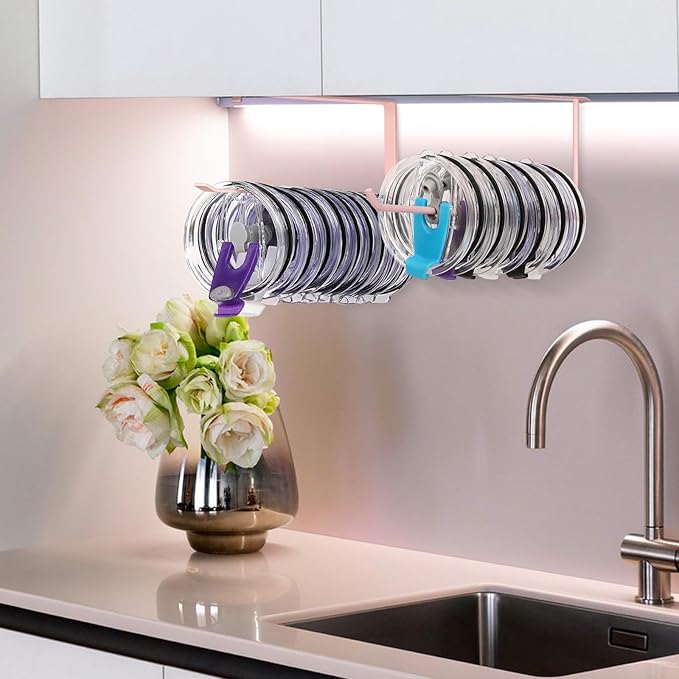 2 Pack Tumbler Lid Organizer, Horizontal Tumbler Lid Storage Hook Up to 20 Lids, Space Saving Cup Lid Holder Under Cabinet Tumbler Lid Hook for Kitchen Organizer, Paper Towel Hanger(Round&Flat, Pink) - Image 7