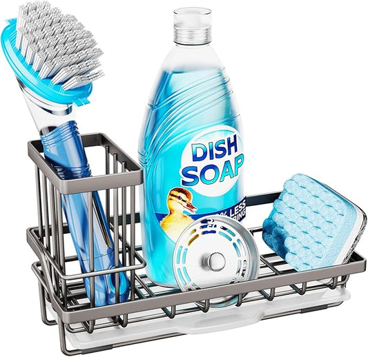 Consumest Sponge Holder for Kitchen Sink, Sink Caddy Organizer with Removable Drip Tray, Countertop Dish Soap Holder and Brush Holder, 304 Stainless Steel - Sand Nickel by Consumest