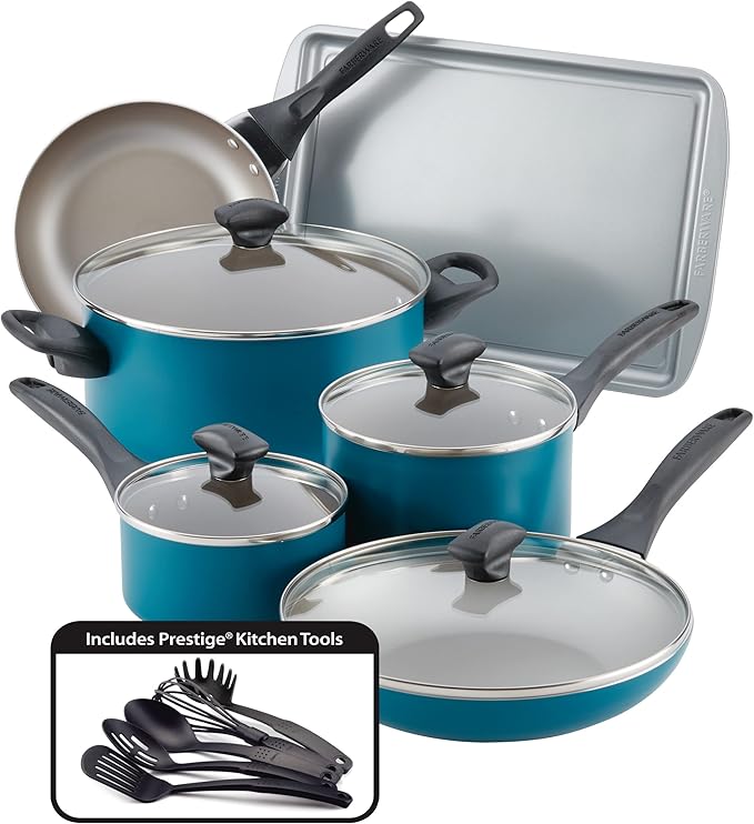 Farberware 20361 Dishwasher Safe Nonstick Cookware Set / Pots and Pans Set - 15 Piece, Blue by Farberware