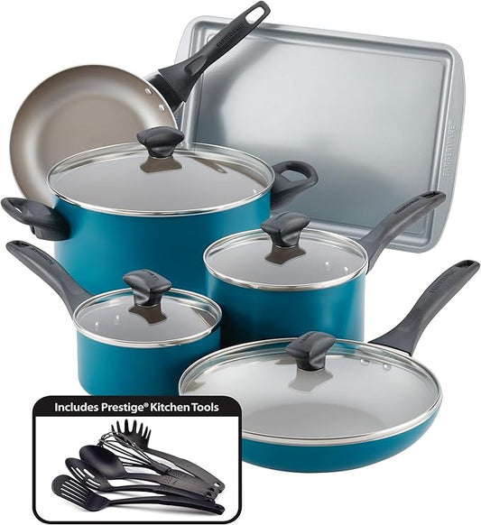 Farberware 20361 Dishwasher Safe Nonstick Cookware Set / Pots and Pans Set - 15 Piece, Blue by Farberware