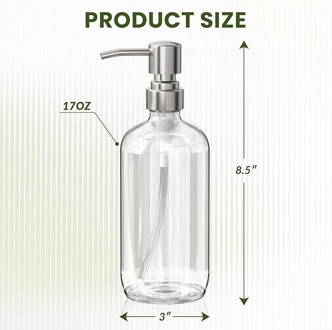 AmazerBath Soap Dispenser, 2 Pack Glass Soap Dispenser with Pump Stainless Steel, 17 Oz Hand Soap Bottles Bathroom Kitchen, Clear - Image 5